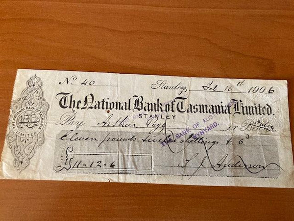 National Bank of Tasmania 1906 Cheque