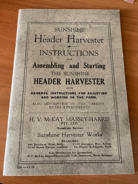 Sunshine Header Harvester Instructions Booklet