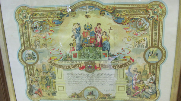 Large 1910 Manchester Unity Framed Certificate .