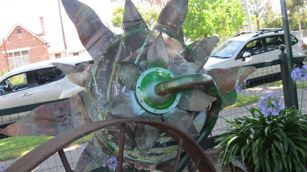 Large Garden Art Sunflower Made From Recycled Items.