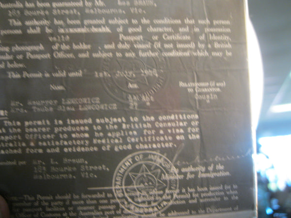 1946 - Australian Immigration Glass Slide  Landing Permit