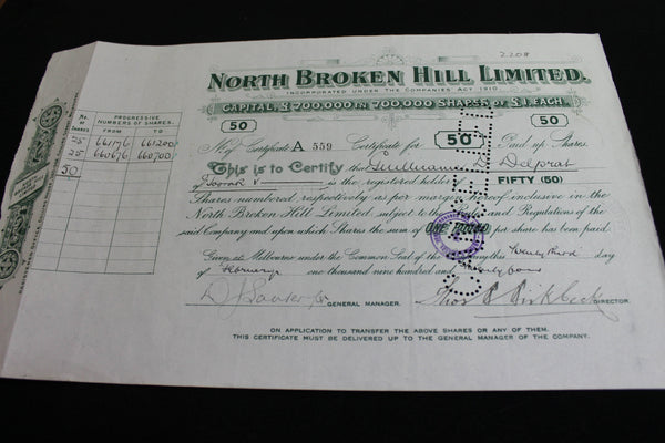 1924 - North Broken Hill Share Certificate