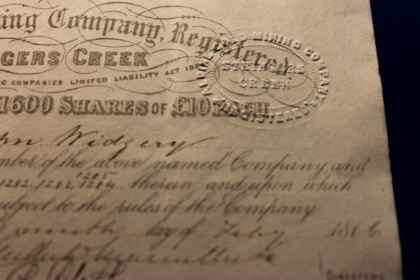 1866 - Alpine Gold Mining Company - Stringer's Creek { Walhalla }Share Certificate